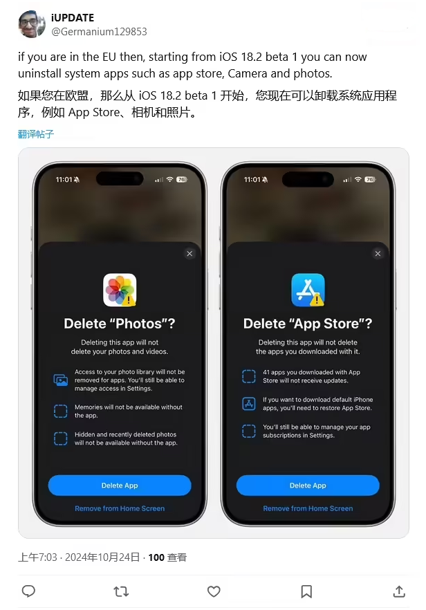 通榆苹果手机维修分享iOS 18.2 支持删除 App Store 应用商店 