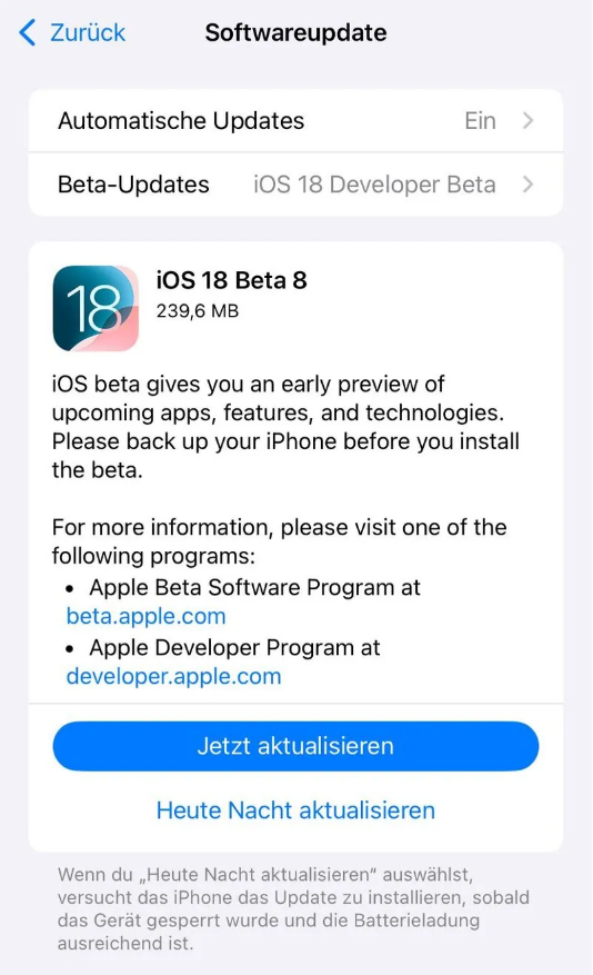 通榆苹果手机维修分享苹果 iOS / iPadOS 18 开发者预览版 Beta 8 发布 